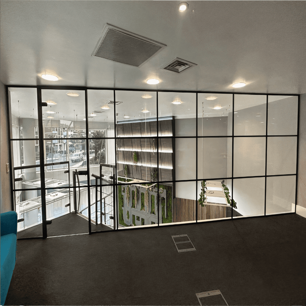 Glass Partition Wall with Framed Door - Industrial Style