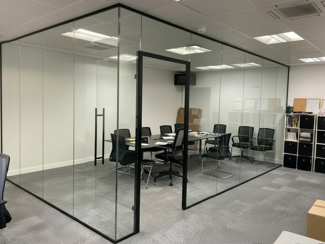 Corner glass partition with black framed glass door, transom and pull handle