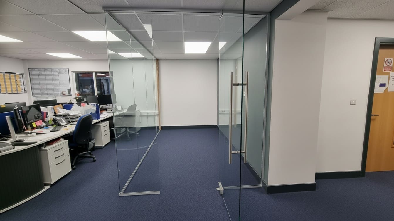 Frameless glass office door with silver channels, a pull handle and floor-mounted closer