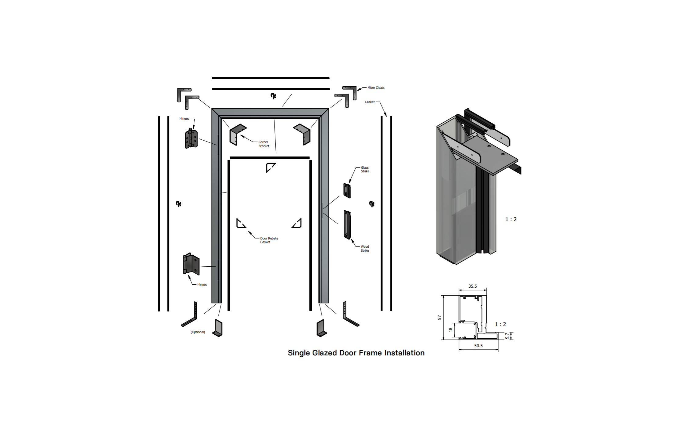 Glass door frame parts and components