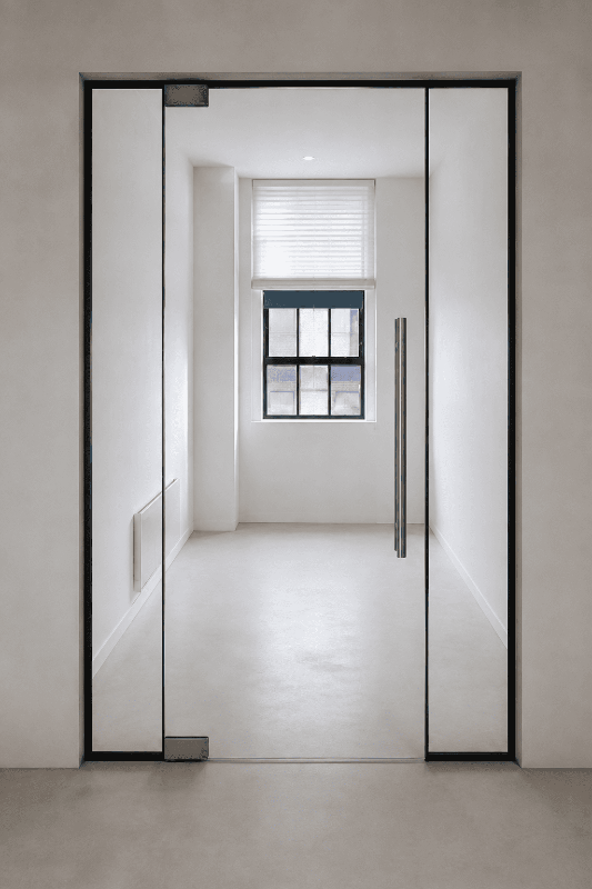 Frameless glass partition wall with silver channels and glass door