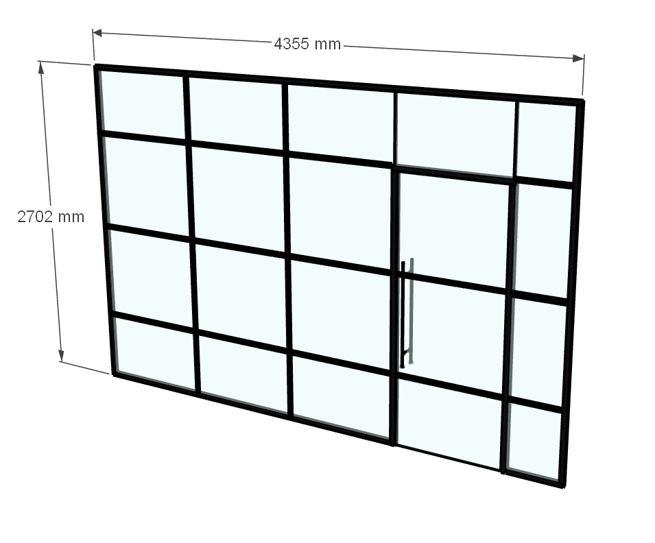 Installation drawing of a 4355mm-wide Industrial-style glass partition with framed door and transom