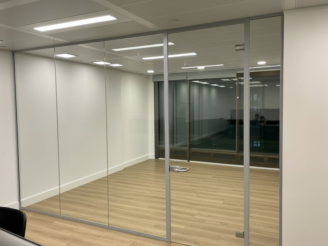 Silver framed full-height glass office door with a lever latch
